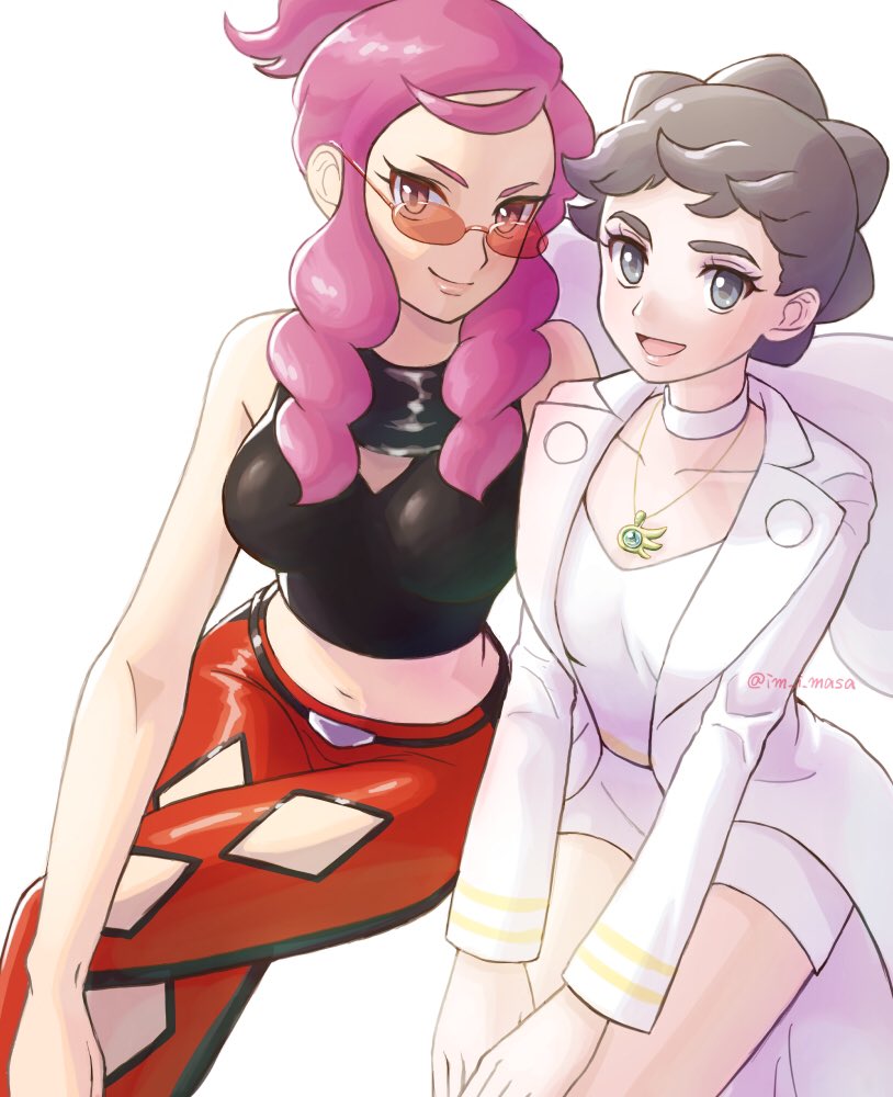 2girls :d belt belt_buckle black_belt black_shirt breasts buckle choker closed_mouth coat collarbone commentary_request crop_top crossed_legs diamond_cutout diantha_(pokemon) eyelashes grey_eyes im_i_masa jewelry long_sleeves looking_at_viewer malva_(pokemon) medium_breasts multiple_girls necklace nintendo open_clothes open_coat open_mouth orange-tinted_eyewear orange_pants pants pokemon pokemon_xy shirt short_hair shorts sidelocks simple_background sitting sleeveless sleeveless_shirt small_breasts smile sunglasses tinted_eyewear white_background white_choker white_coat white_shirt white_shorts