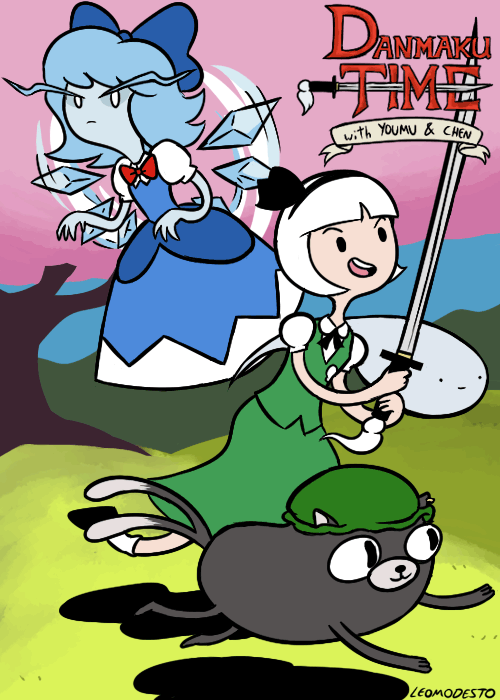 2girls adventure_time artist_name cake_(adventure_time) chen chen_(cat) cirno english_text finn_the_human hat ice ice_king ice_queen_(adventure_time) ice_wings jake jake_the_dog konpaku_youmu konpaku_youmu_(ghost) leomodesto multiple_girls no_nose open_mouth parody short_hair style_parody sword touhou weapon wings
