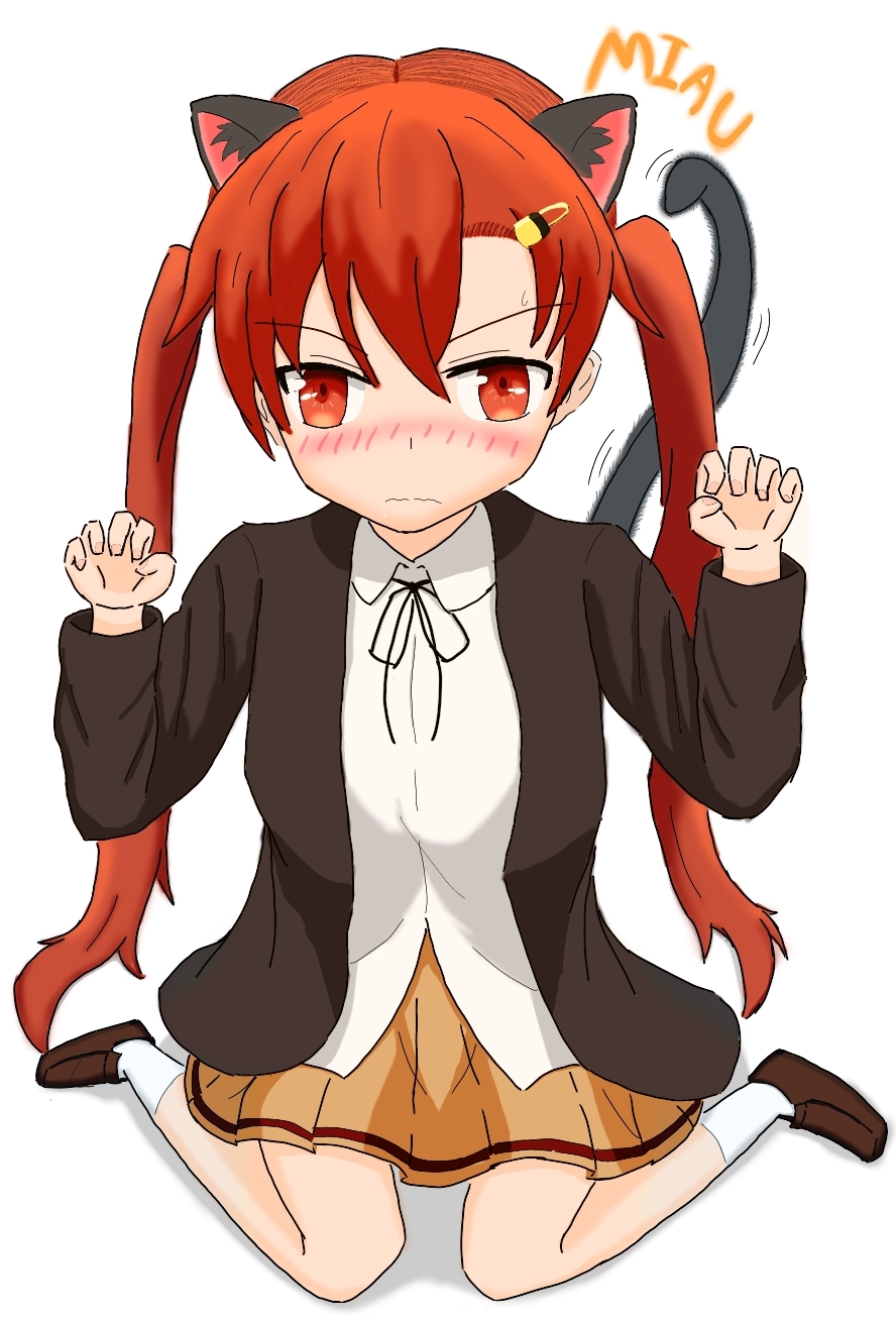 1girl animal_ears artist_request bellwall_school_uniform black_jacket black_ribbon blazer blush brown_shoes cat_ears cat_girl cat_tail claw_pose collared_shirt girls_und_panzer girls_und_panzer_little_army hair_ornament hairpin highres jacket lock long_hair miniskirt nakasuga_emi orange_eyes orange_hair pleated_skirt red_eyes red_hair ribbon school_uniform shirt shoes skirt socks tail twintails white_shirt white_socks