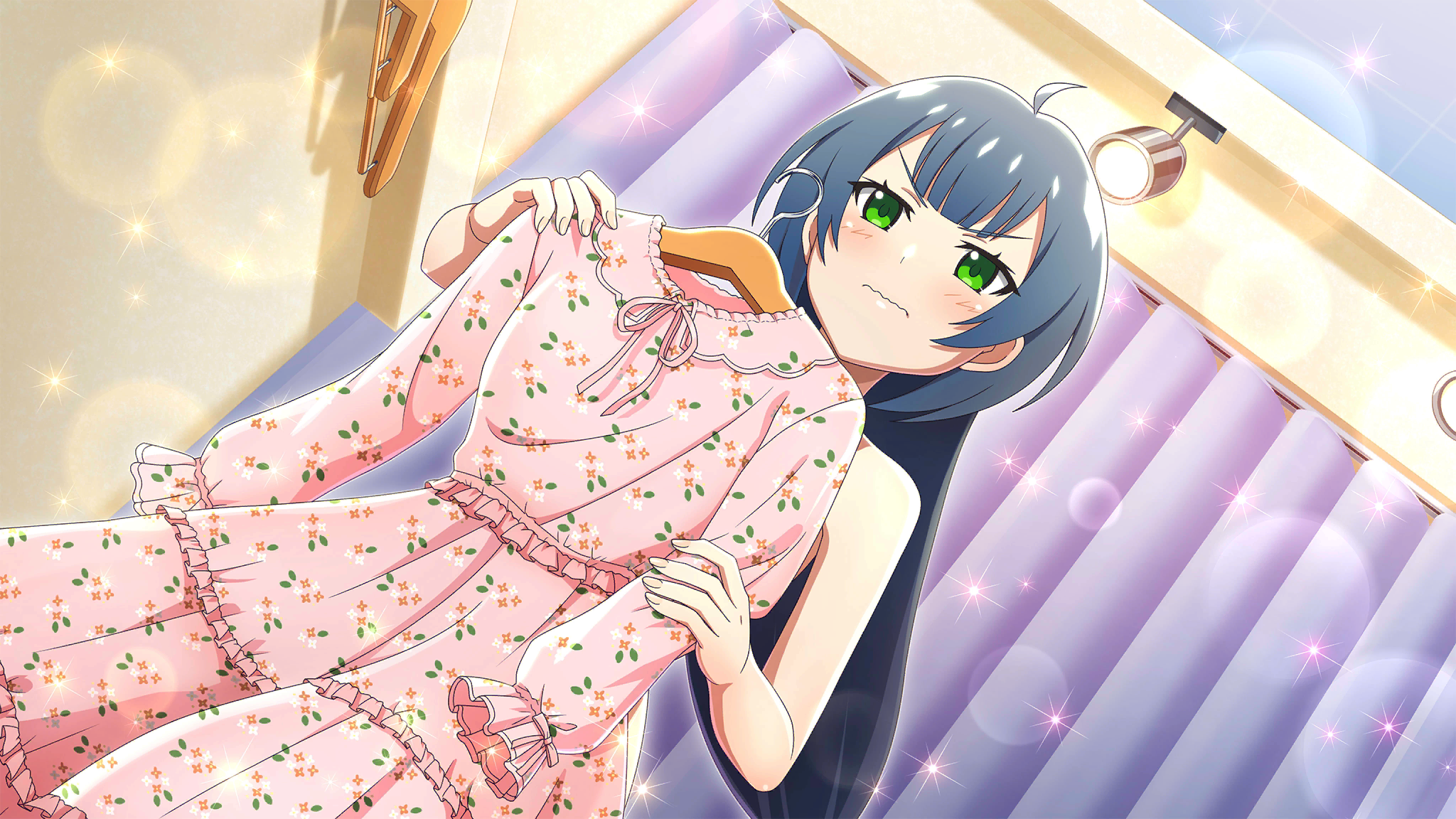 1girl ahoge blue_hair closed_mouth clothes_hanger cowboy_shot curtains dress dutch_angle embarrassed fitting_room floral_dress frilled_dress frills game_cg green_eyes highres higurashi_no_naku_koro_ni higurashi_no_naku_koro_ni_mei holding holding_unworn_clothes holding_unworn_dress indoors kurosawa_chisame lens_flare long_hair looking_ahead non-web_source official_art pink_dress solo sparkle standing unworn_dress wavy_mouth