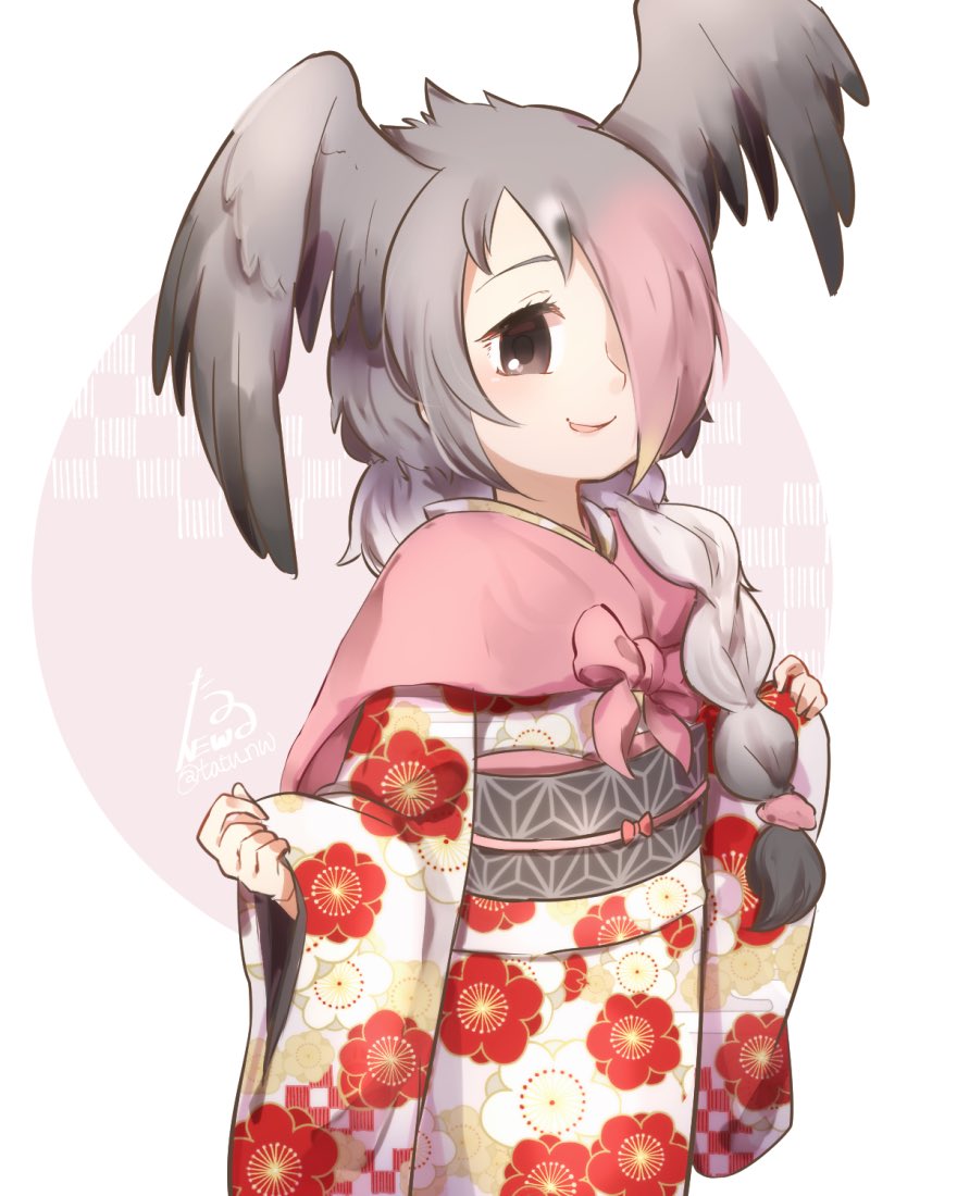 10s 1girl adapted_costume bird_wings bow braid cloak commentary_request female_focus floral_print grey_hair hair_over_one_eye hair_tie head_wings japanese_clothes kemono_friends kimono long_sleeves pink-backed_pelican_(kemono_friends) pink_hair sash short_hair solo tatsuno_newo wings