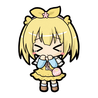 &gt;_&lt; 1girl bad_id bad_pixiv_id bag blonde_hair blue_shirt blush_stickers brown_footwear capelet character_request chibi closed_eyes closed_mouth commentary_request dress emil_chronicle_online facing_viewer female_focus full_body hair_between_eyes hair_ribbon hair_weapon hands_up long_sleeves lowres ri-net ribbon shirt shoulder_bag simple_background socks solo standing tears twintails white_background white_capelet white_socks wings yellow_dress yellow_ribbon yellow_wings