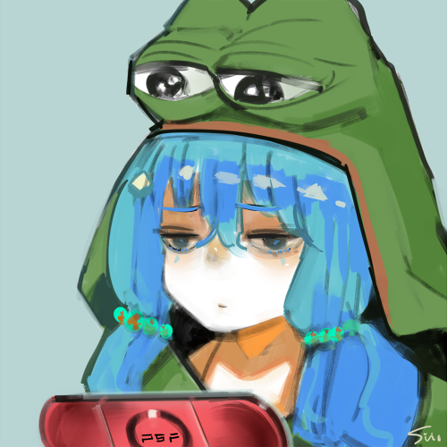 10s 1girl 4chan animal_costume artist_name blanket blue_background blue_eyes blue_hair boy&#039;s_club console female_focus frog frog_costume hair_bobbles hair_ornament handheld_game_console ishida_sui lips long_hair lowres matching_hair/eyes meme monster oekaki pepe_the_frog playing playstation_portable sad simple_background solo tokyo_ghoul tokyo_ghoul:re twintails yonebayashi_saiko