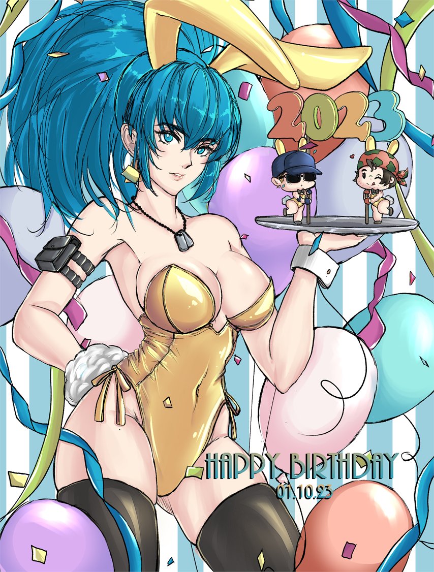 animal_ears armlet balloon blue_eyes blue_hair breasts chinese_zodiac clark_still dog_tags fake_animal_ears happy_birthday holding holding_tray ikari_hime jewelry large_breasts leona_heidern leotard playboy_bunny ponytail rabbit_ears rabbit_tail ralf_jones strapless strapless_leotard tail the_king_of_fighters tray wrist_cuffs year_of_the_rabbit