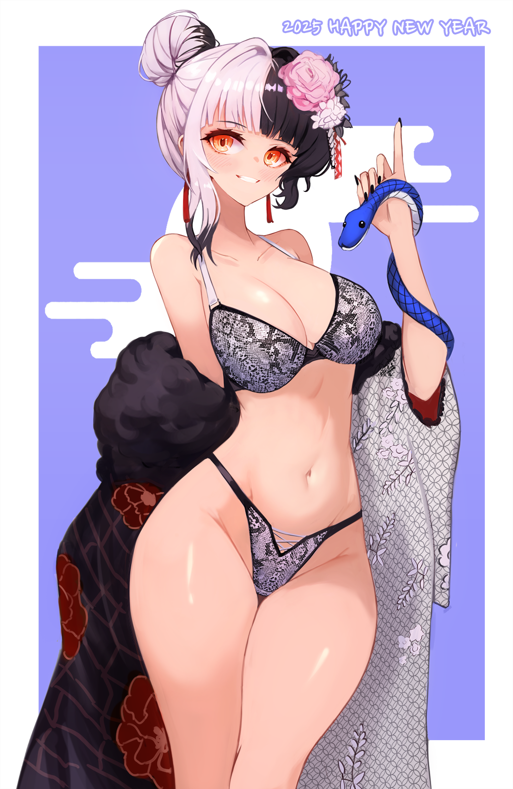 1girl black_hair black_kimono black_nails bra breasts floral_print flower grey_bra grey_hair grey_kimono grey_panties grin hair_bun hair_flower hair_ornament highres hololive hololive_english japanese_clothes kimono large_breasts multicolored_hair navel notte orange_eyes panties shiori_novella shiori_novella_(new_year) single_hair_bun smile snake solo split-color_hair teeth two-tone_hair underwear virtual_youtuber