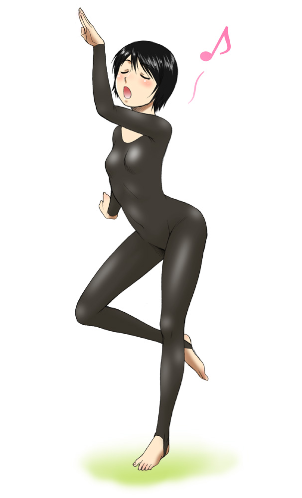 1girl barefoot black_hair blush bob_cut bodysuit breasts catsuit closed_eyes dancing feet female_focus flat_chest full_body gymnastics hiwatari kouda_tomohiro musical_note notes open_mouth shimau short_hair simple_background small_breasts solo toeless_legwear toes white_background yotsubato!