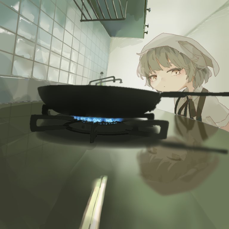 1girl collared_shirt counter derivative_work faucet frying_pan grey_hair hatoba_tsugu headscarf indoors kitchen reflection screenshot_redraw shirt short_hair short_sleeves solo stove suspenders thumpthum tile_wall tiles tsugu_(vtuber) virtual_youtuber