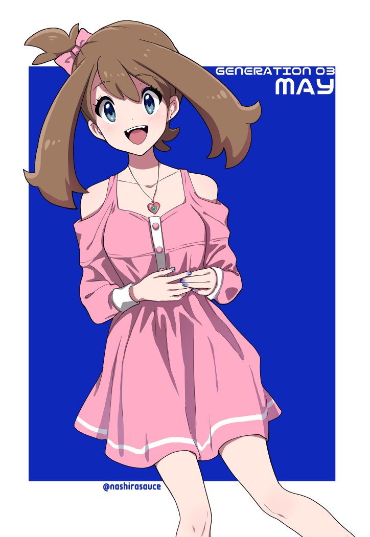 1girl :d alternate_costume bare_shoulders blue_background border brown_hair character_name collarbone commentary_request creatures_(company) dress eyelashes game_freak grey_eyes happy jewelry knees looking_at_viewer may_(pokemon) nail_polish nashirasauce necklace nintendo one_side_up open_mouth pink_dress pokemon pokemon_rse smile solo teeth tongue twitter_username upper_teeth_only white_border