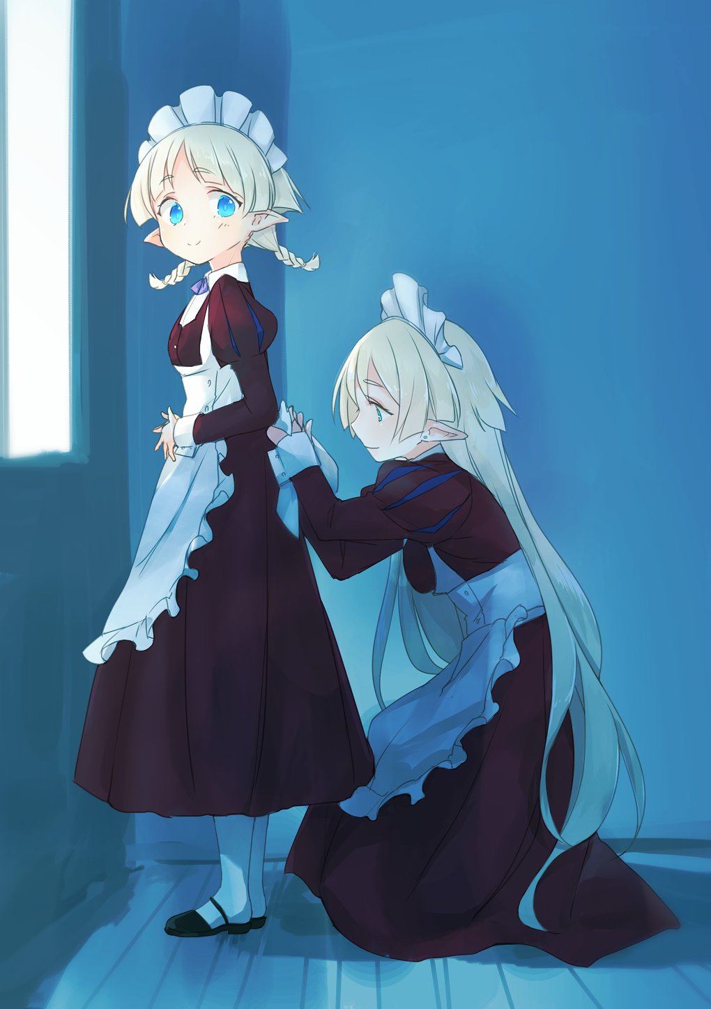 2girls adjusting_clothes alternate_costume apron blonde_hair blue_eyes blush braid earrings elf enmaided full_body highres jewelry juno_bernal kris_bernal kyuuri_(miyako) long_hair maid maid_apron maid_headdress mary_janes multiple_girls pantyhose pointy_ears pop-up_story shoes siblings sisters smile twin_braids white_legwear wrist_cuffs