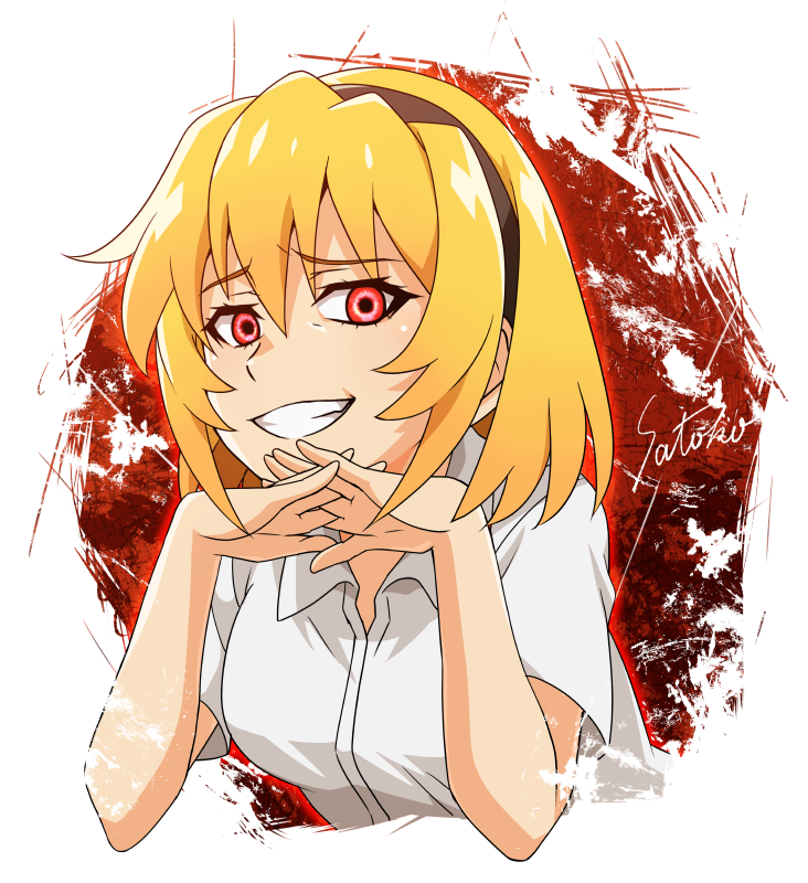 1girl black_hairband blonde_hair character_name chigayasan collared_shirt crazy_eyes evil_grin evil_smile eyelashes grin hairband higurashi_no_naku_koro_ni higurashi_no_naku_koro_ni_gou houjou_satoko interlocked_fingers red_eyes shirt short_hair short_sleeves smile solo white_shirt