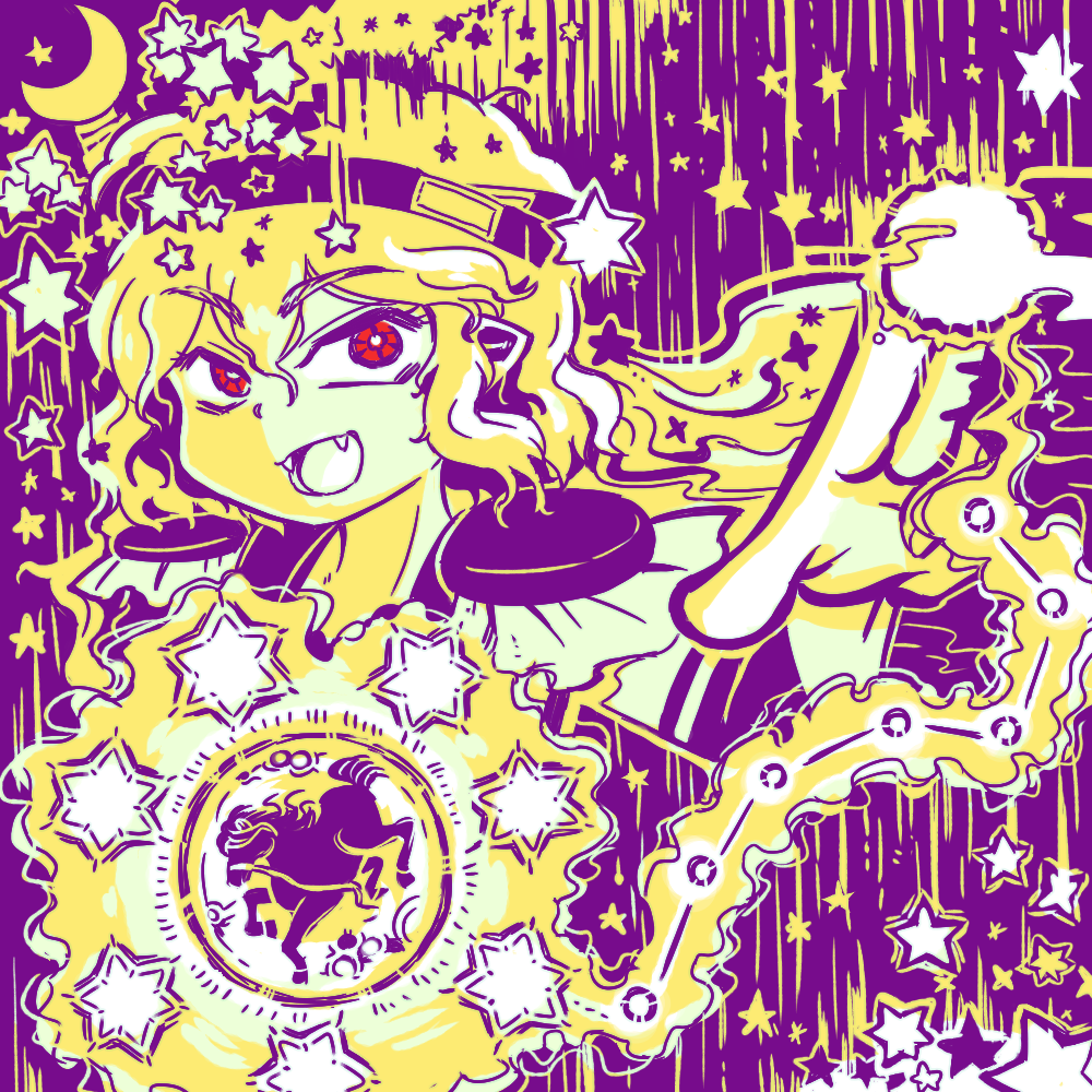 1other androgynous armor big_dipper blonde_hair breastplate bridal_gauntlets chikafumikou commentary_request constellation crescent_moon epaulettes fangs floating_hair headband horns len&#039;en limited_palette long_hair magic moon open_mouth other_focus outstretched_arm palms pointy_ears purple_background purple_bridal_gauntlets purple_headband red_eyes single_bridal_gauntlet smile solo spot_color star_(symbol) taira_no_fumikado upper_body very_long_hair