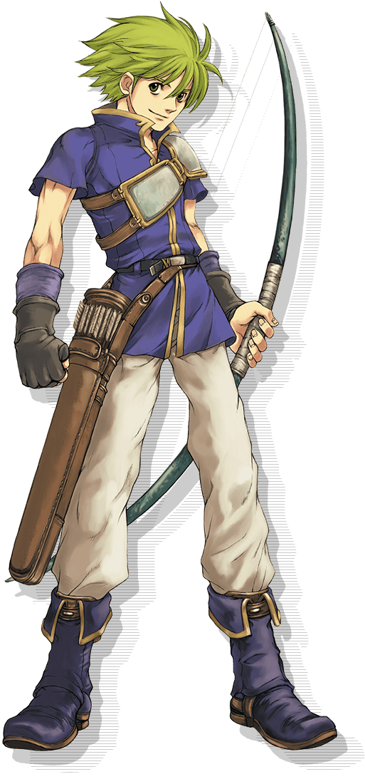 1boy armor arrow_(projectile) bow_(weapon) fingerless_gloves fire_emblem fire_emblem:_the_binding_blade full_body gloves green_hair holding holding_bow_(weapon) holding_weapon kaneda_eiji looking_at_viewer nintendo official_art pants pauldrons purple_footwear purple_shirt quiver shirt shoulder_armor single_pauldron smile solo weapon white_pants wolt_(fire_emblem)
