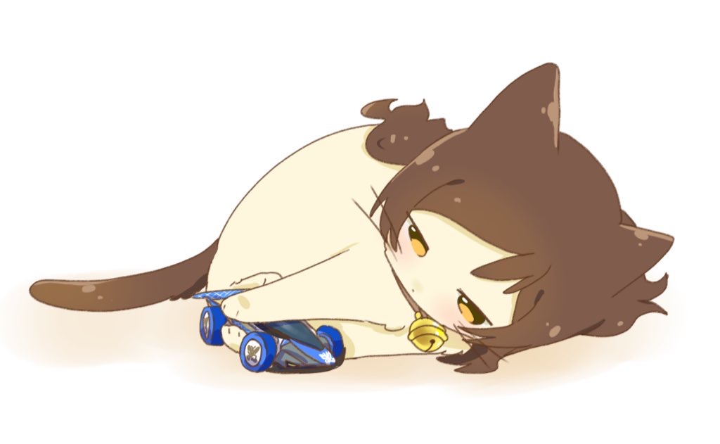 animal animal_focus animalization bell brown_eyes brown_hair cat dot_nose full_body hutaba idolmaster idolmaster_million_live! jitome kitazawa_shiho long_hair lying neck_bell no_humans on_side simple_background solo toy_car white_background