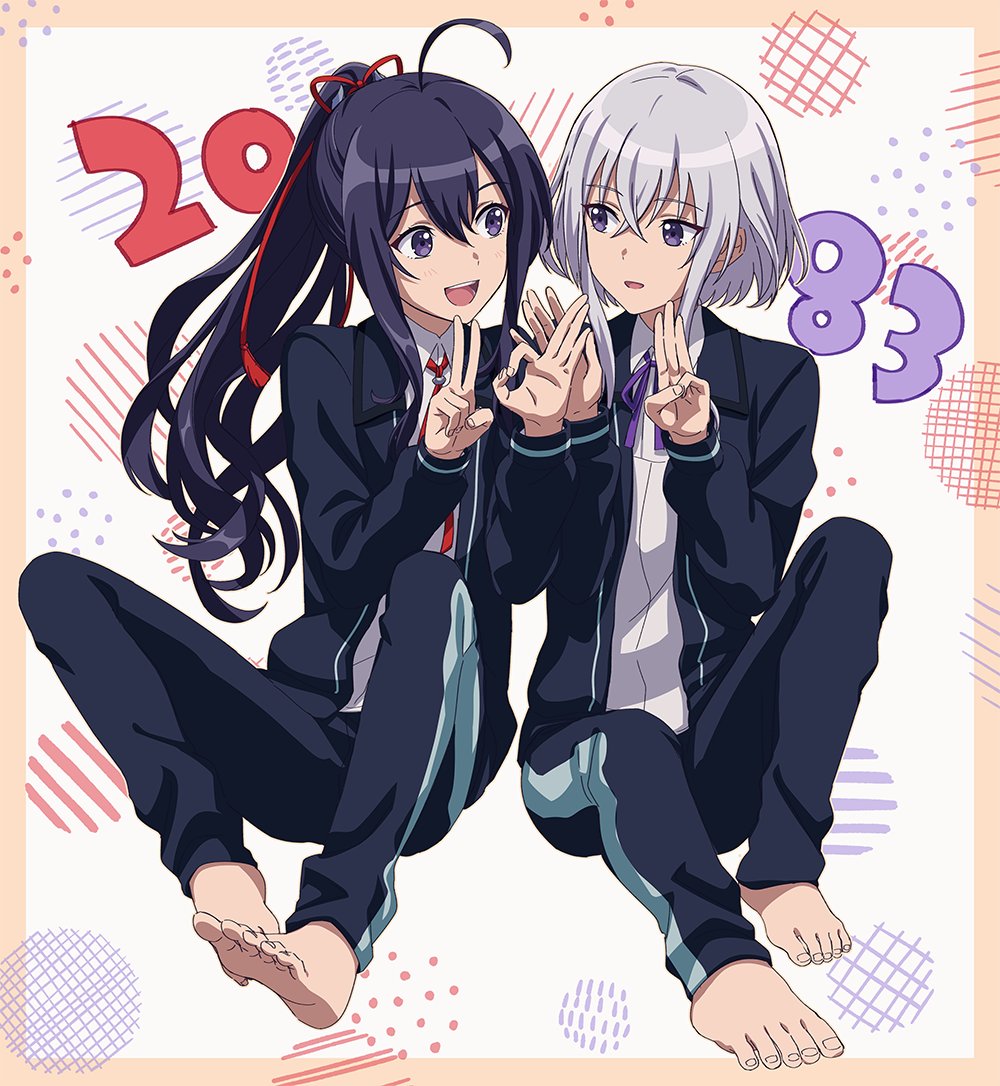 2boys :d ahoge barefoot black_hair collared_shirt high_ponytail honebami_toushirou honebami_toushirou_(kiwame) male_focus matsuki_(mikipingpong) multiple_boys namazuo_toushirou namazuo_toushirou_(kiwame) open_mouth pants ponytail purple_eyes shirt sitting smile touken_ranbu track_pants v white_hair