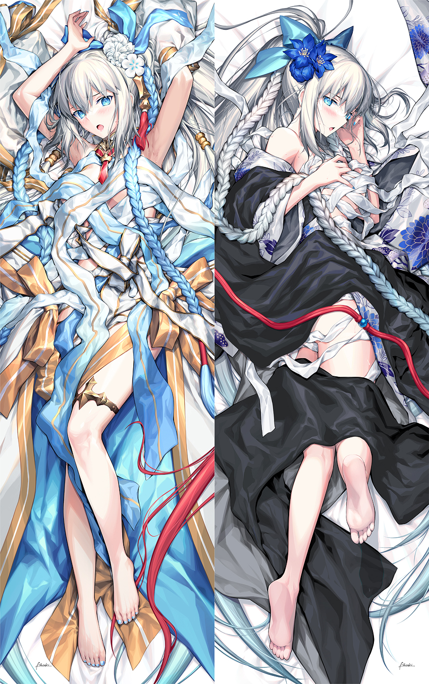 1girl arms_up black_bow black_kimono blue_eyes blue_hair blush bow braid breasts dakimakura_(medium) fate/grand_order fate_(series) flower gold_trim grey_hair hair_bow hair_flower hair_ornament hair_ribbon highres japanese_clothes jewelry kimono kousaki_rui large_breasts long_hair looking_at_viewer lying morgan_le_fay_(fate) morgan_le_fay_(fgo_fes._2023)_(fate) morgan_le_fay_(water_princess)_(fate) multiple_views on_back open_mouth ponytail ribbon sidelocks thighlet twin_braids very_long_hair white_hair