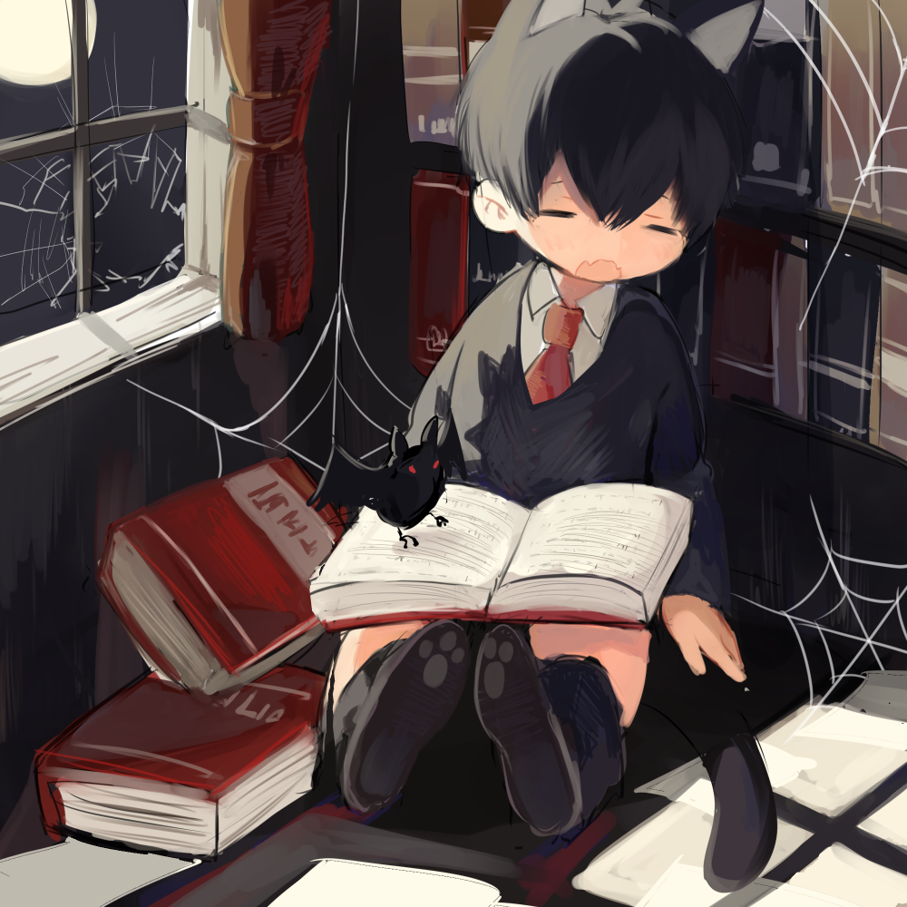 1boy animal_ears bat_(animal) black_hair black_socks black_sweater book book_on_lap bookshelf broken_window cat_boy cat_ears cat_tail closed_eyes collared_shirt commentary_request cotono_(nazekun) curtains fangs full_body full_moon indoors long_sleeves male_focus moon necktie neko-kun_(cotono_(nazekun)) night open_book open_mouth original paw_print red_necktie shirt short_hair silk sitting skin_fangs sleeping socks solo spider_web sweater tail white_shirt