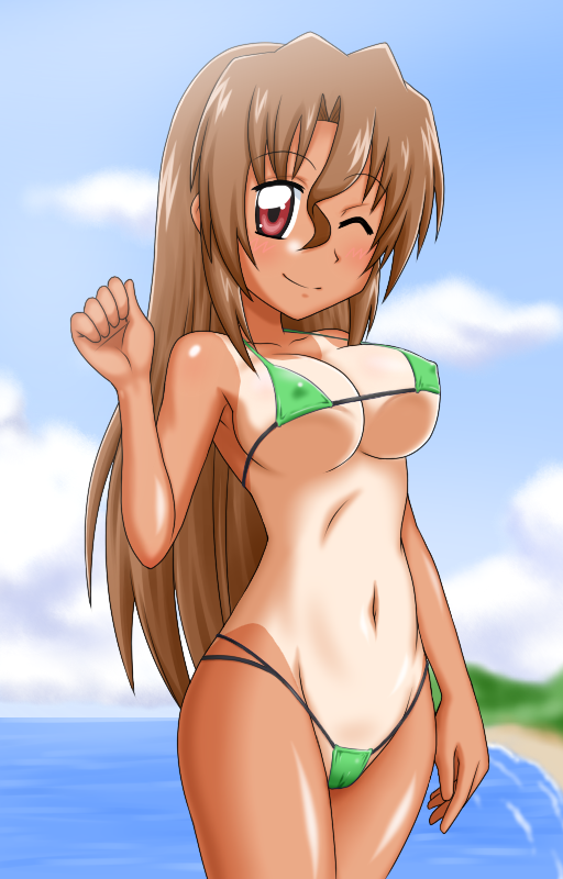 1girl beach bikini breasts brown_hair covered_erect_nipples goriate hayate_no_gotoku! large_breasts long_hair maria_(hayate_no_gotoku!) micro_bikini navel ocean one_eye_closed red_eyes sideboob smile solo string_bikini swimsuit tan underboob wink