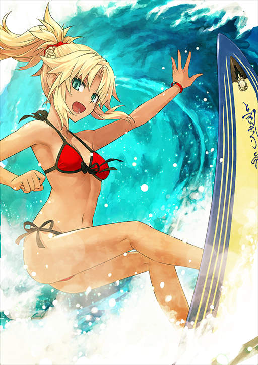 1girl :d ass bare_arms bare_legs bare_shoulders bikini blonde_hair blue_background bracelet braid breasts dynamic_pose fate/grand_order fate_(series) front-tie_bikini_top front-tie_top full_body green_eyes hair_ornament hair_scrunchie halterneck hand_up jewelry konoe_ototsugu lens_flare looking_at_viewer medium_hair mordred_(fate) mordred_(swimsuit_rider)_(fate) mordred_(swimsuit_rider)_(first_ascension)_(fate) navel ocean official_art open_mouth outstretched_arm parted_bangs ponytail prydwen_(fate) red_bikini red_scrunchie scrunchie side-tie_bikini_bottom sidelocks smile solo splashing surfboard surfing swimsuit tan third-party_source v-shaped_eyebrows water