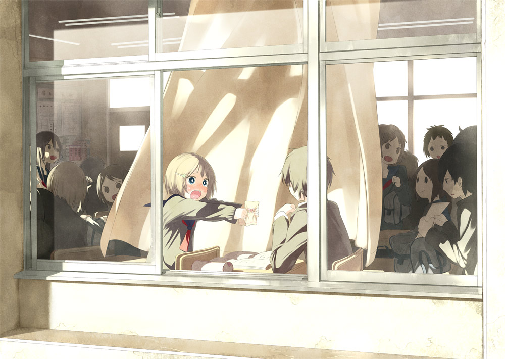 4boys 5girls bag black_hair blonde_hair blush brown_hair cardigan class classroom confession curtains desk embarrassed hair_ornament hairclip hiding long_hair mizu_asato multiple_boys multiple_girls open_mouth original outstretched_hand school school_uniform short_hair sitting smile window