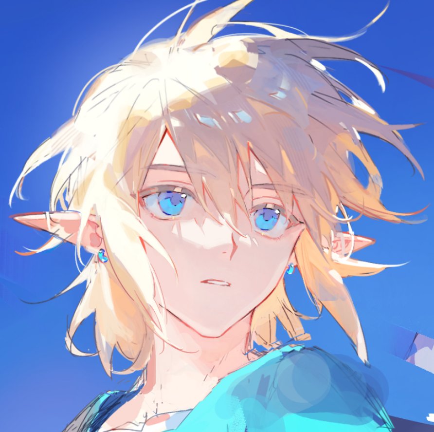 1boy blonde_hair blue_eyes blue_sky champion&#039;s_tunic_(zelda) close-up earrings jewelry link nintendo pointy_ears renjian_shilian sky solo the_legend_of_zelda the_legend_of_zelda:_breath_of_the_wild unfinished