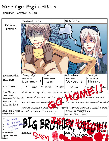 00s 1boy 1girl assertive_female axis_powers_hetalia belarus_(hetalia) bow brother_and_sister document dress gloves long_hair looking_back marriage_certificate russia_(hetalia) scared scarf siblings translated wedding