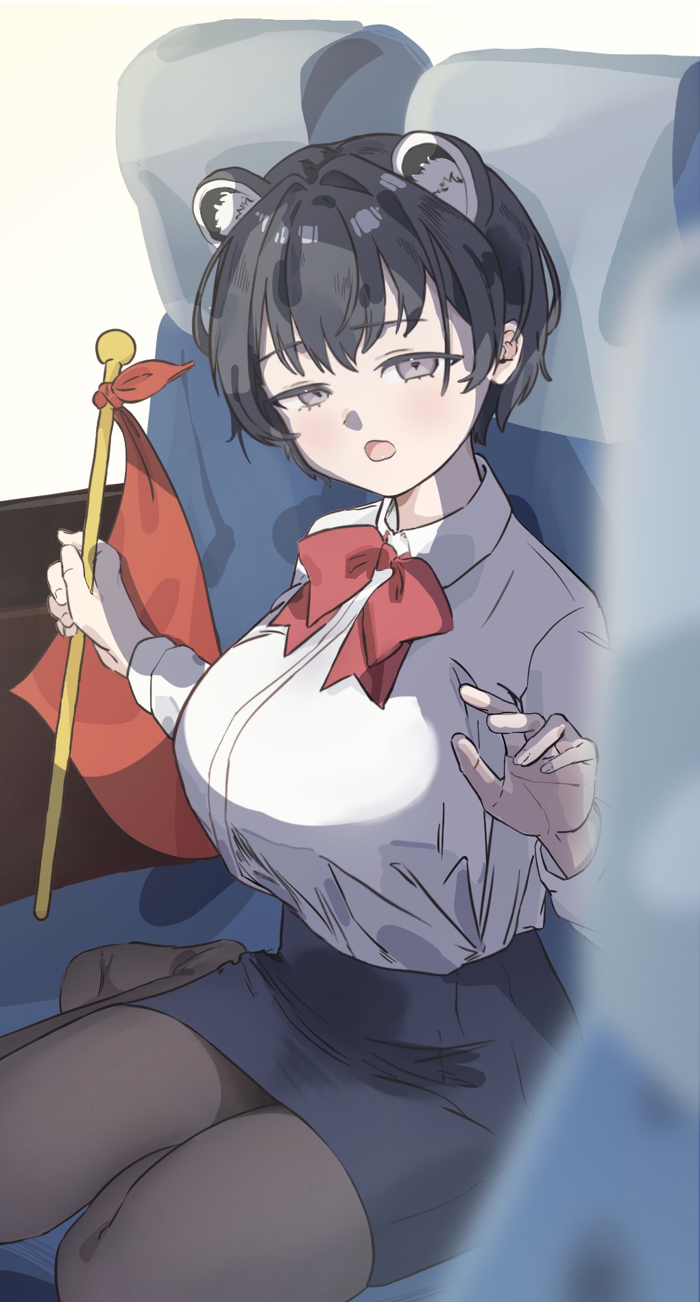 1girl :o animal_ear_fluff animal_ears black_hair black_pantyhose black_skirt blue_archive bow bowtie breasts chair collared_shirt commentary_request extra_ears flag fnf5tsu full_body gloves half-closed_eyes halo hat highres holding holding_flag huge_breasts jacket long_sleeves looking_at_viewer no_headwear no_jacket official_alternate_costume on_chair open_mouth pantyhose pencil_skirt purple_eyes raccoon_ears raccoon_girl reaching reaching_towards_viewer red_bow red_bowtie red_halo shirt shirt_tucked_in short_hair sitting skirt smile solo tour_guide tsubaki_(blue_archive) tsubaki_(guide)_(blue_archive) white_gloves white_jacket white_shirt yokozuwari