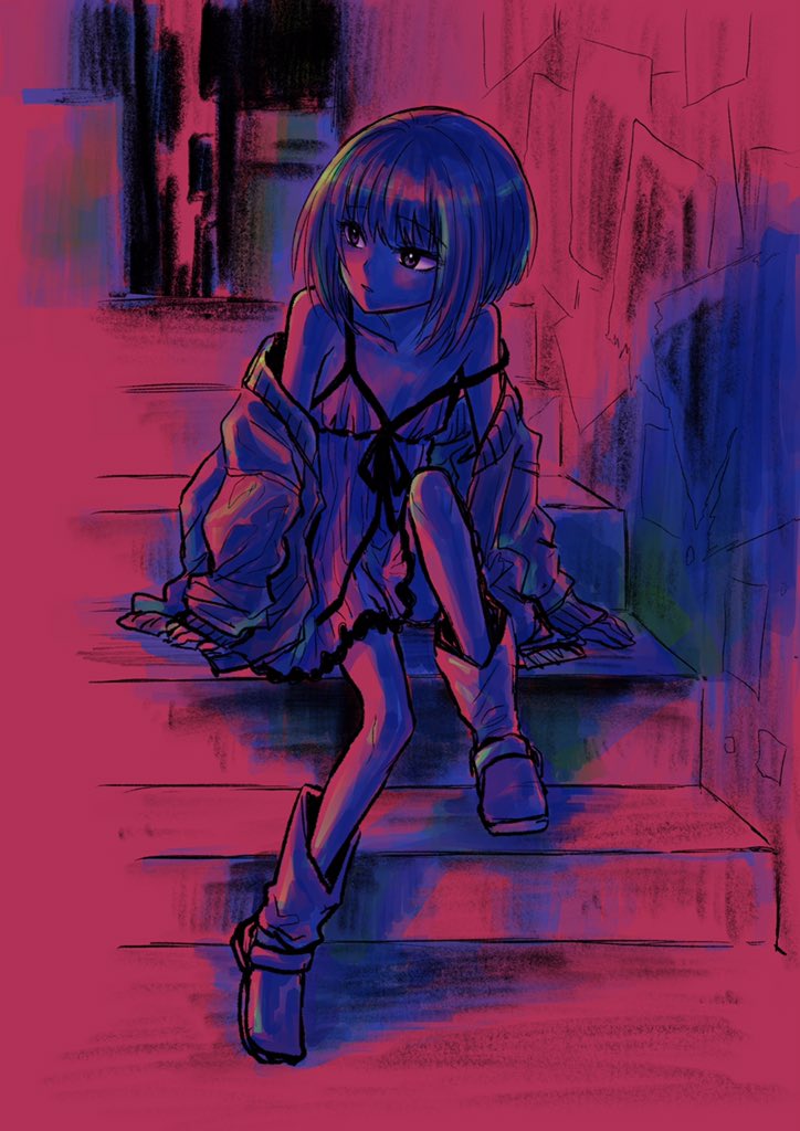 bare_shoulders black_eyes black_hair bob_cut boots charcoal_(medium) coat commentary dress kisaragi_nankyoku knee_up long_sleeves looking_to_the_side monochrome off_shoulder official_art poster_(medium) poster_(object) red_background short_hair sitting sitting_on_stairs sleeveless sleeveless_dress sleeves_past_wrists solo spaghetti_strap stairs strap_slip sundress toaru_majutsu_no_index toaru_majutsu_no_index_gaiden:_toaru_kagaku_no_dark_matter yuzuriha_ringo