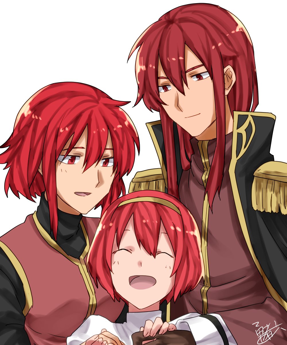 1boy 2girls ^_^ brother_and_sister closed_eyes dress closed_eyes fire_emblem fire_emblem:_mystery_of_the_emblem fire_emblem_heroes gloves hair_between_eyes highres holding_hands long_hair minerva_(fire_emblem) misheil_(fire_emblem) multiple_girls nintendo open_mouth red_eyes red_hair short_hair siblings sisters smile