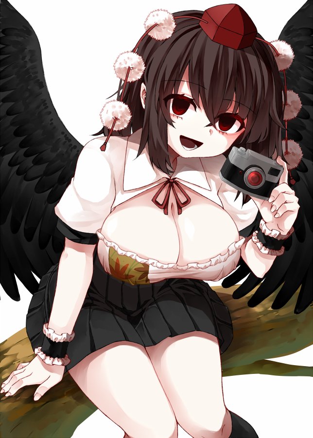 1girl :d alternative_facts_in_eastern_utopia bird_wings black_hair black_skirt black_socks black_wings breasts camera cleavage cleavage_cutout clothing_cutout commentary cowboy_shot empty_eyes hair_between_eyes hat holding holding_camera kneehighs large_breasts looking_at_viewer neck_ribbon open_mouth pom_pom_(clothes) puffy_short_sleeves puffy_sleeves red_eyes red_hat ribbon shameimaru_aya shirt short_hair short_sleeves sitting sitting_on_branch skirt smile socks solo tokin_hat touhou white_background white_shirt wings wrist_cuffs zetsumame