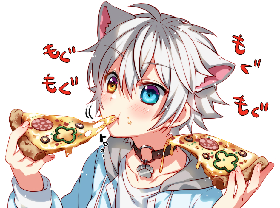 1boy animal_ear_fluff animal_ears cat_boy cat_ears commentary eating english_commentary food ginjiro_(ginziro525) ginjiro_(vtuber) hair_between_eyes heterochromia holding holding_food indie_virtual_youtuber male_focus meal pizza pizza_slice silver_hair simple_background virtual_youtuber white_background