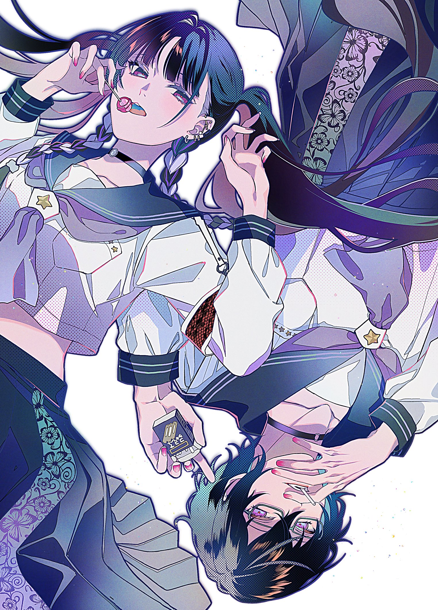 2girls ahoge armband barbell_piercing black-framed_eyewear black_choker black_hair blue_sailor_collar blue_skirt blunt_bangs braid breast_pocket candy choker cigarette cigarette_pack collarbone commentary_request crossed_bangs ear_piercing earrings eyelashes fingernails food genderswap genderswap_(mtf) glasses hair_between_eyes hair_intakes hands_up highres holding holding_candy holding_cigarette_pack holding_food holding_lollipop industrial_piercing jewelry kaburagi_(pnoir087) lollipop long_hair long_sleeves looking_at_viewer lying meloco_kyoran multicolored_hair multiple_girls nail_polish neckerchief nijisanji nijisanji_en o-ring o-ring_choker on_back open_mouth piercing pink_nails pleated_skirt pocket purple_eyes purple_hair purple_neckerchief sailor_collar school_uniform seila_(shikinagi_akira) serafuku shikinagi_akira shirt short_hair side_braids simple_background skirt star_(symbol) streaked_hair tongue tongue_out twin_braids twintails upside-down very_long_hair virtual_youtuber white_background white_shirt