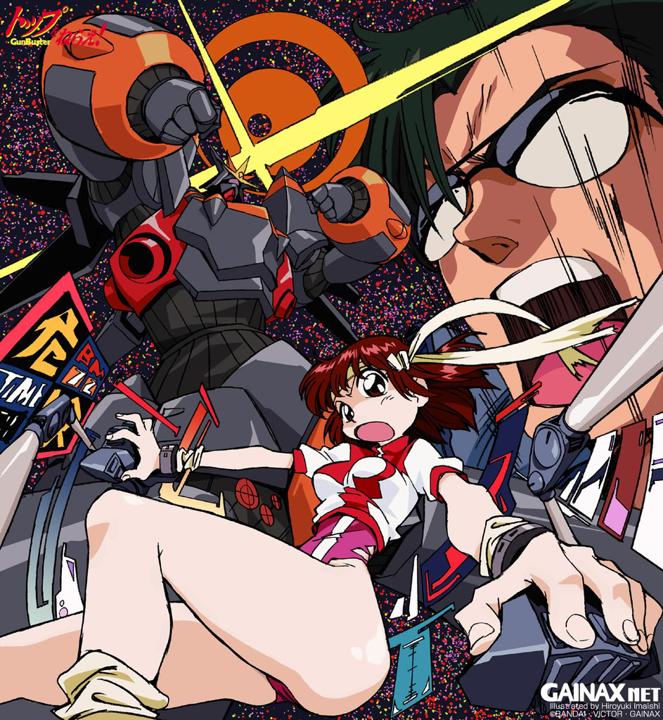 1girl brown_eyes brown_hair cockpit company_connection cropped_jacket gainax gunbuster headband imaishi_hiroyuki leotard loose_socks mecha oota_kouichirou parody retro_artstyle robot short_hair socks style_parody sunglasses takaya_noriko tengen_toppa_gurren_lagann top_wo_nerae! top_wo_nerae!_(series)