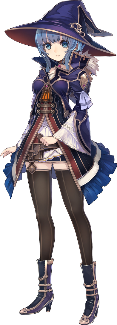 1girl black_thighhighs blue_eyes blue_hair boots collar detached_sleeves dress fam_(grimms_notes) female_focus full_body grimms_notes hat hosato_mikine jewelry looking_at_viewer miniskirt short_dress short_hair simple_background skirt smile solo standing thighhighs white_background wide_sleeves witch_hat zettai_ryouiki