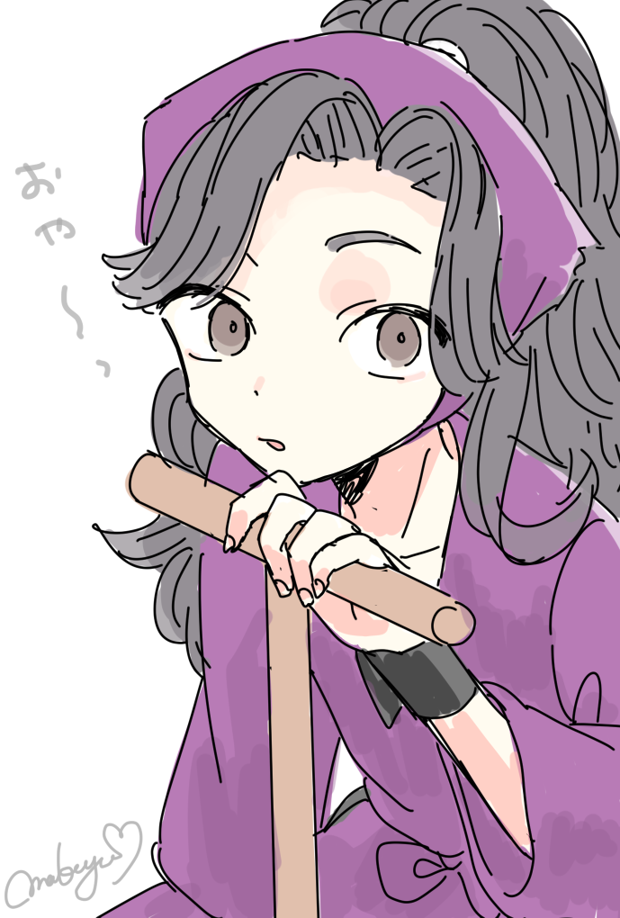 1boy ayabe_kihachirou black_hair collarbone commentary_request fingernails japanese_clothes looking_at_viewer makyuuu_(mmdy) male_focus open_mouth ponytail rakudai_ninja_rantarou signature solo translation_request white_background wide_sleeves wristband