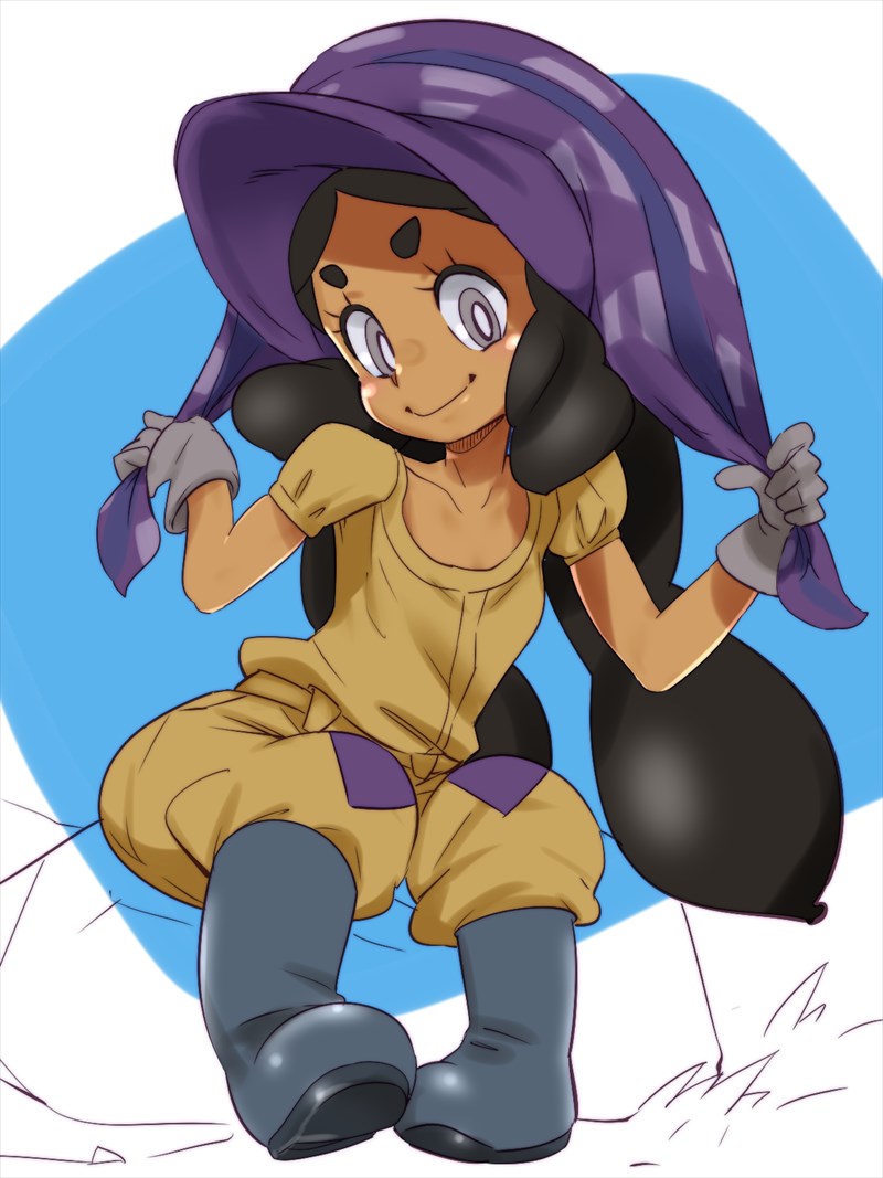 1girl bad_id bad_pixiv_id black_boots black_hair blue_background bonnet boots bright_pupils collarbone dark-skinned_female dark_skin eyelashes female_focus flat_chest full_body gloves grey_gloves hands_up hapu_(pokemon) holding island_kahuna jumpsuit long_hair nintendo parted_bangs pokemon pokemon_sm purple_eyes rubber_boots short_sleeves simple_background sitting smile solo thick_eyebrows two-tone_background zaitsu