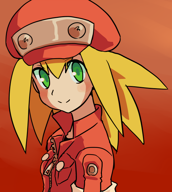 1girl blonde_hair newsboy_cap female_focus green_eyes hat jacket long_hair looking_at_viewer mega_man_(series) mega_man_legends_(series) mega_man_legends_3 muu_(mumumer) red_jacket roll_caskett_(mega_man) smile solo