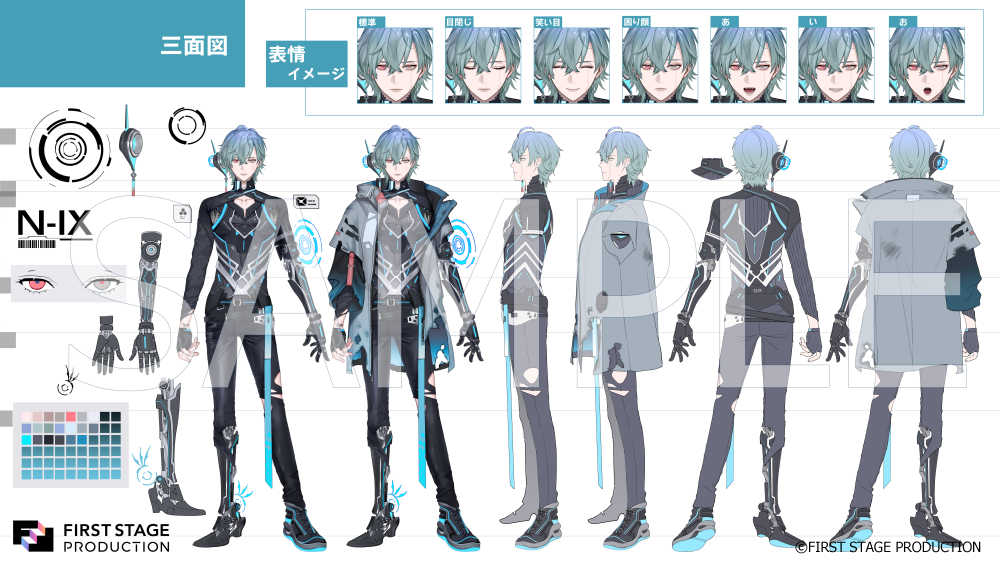 1boy :d above_cleavage_cutout aqua_hair arms_at_sides black_gloves black_pants black_shirt black_shoes blue_jacket blue_ribbon burnt_clothes closed_eyes closed_mouth collarbone color_guide copyright_name copyright_notice cyberpunk cyborg expressionless facial_mark fingerless_gloves first_stage_production floating_headgear full_body gloves grey_eyes grey_jacket hair_between_eyes headgear heterochromia hologram ishizue_kachiru jacket jitome layered_sleeves long_sleeves looking_at_viewer male_focus mechanical_arms mechanical_legs mismatched_pupils multicolored_jacket multiple_expressions multiple_views nix_voltare official_art open_clothes open_jacket open_mouth pants red_eyes red_pupils reference_sheet ribbon sample_watermark shirt shoes short-sleeved_jacket short_hair short_over_long_sleeves short_sleeves single_glove single_mechanical_arm single_mechanical_leg single_shoe smile sneakers solo standing straight-on torn_clothes torn_pants turnaround two-tone_jacket virtual_youtuber watermark wrist_tattoo zipper