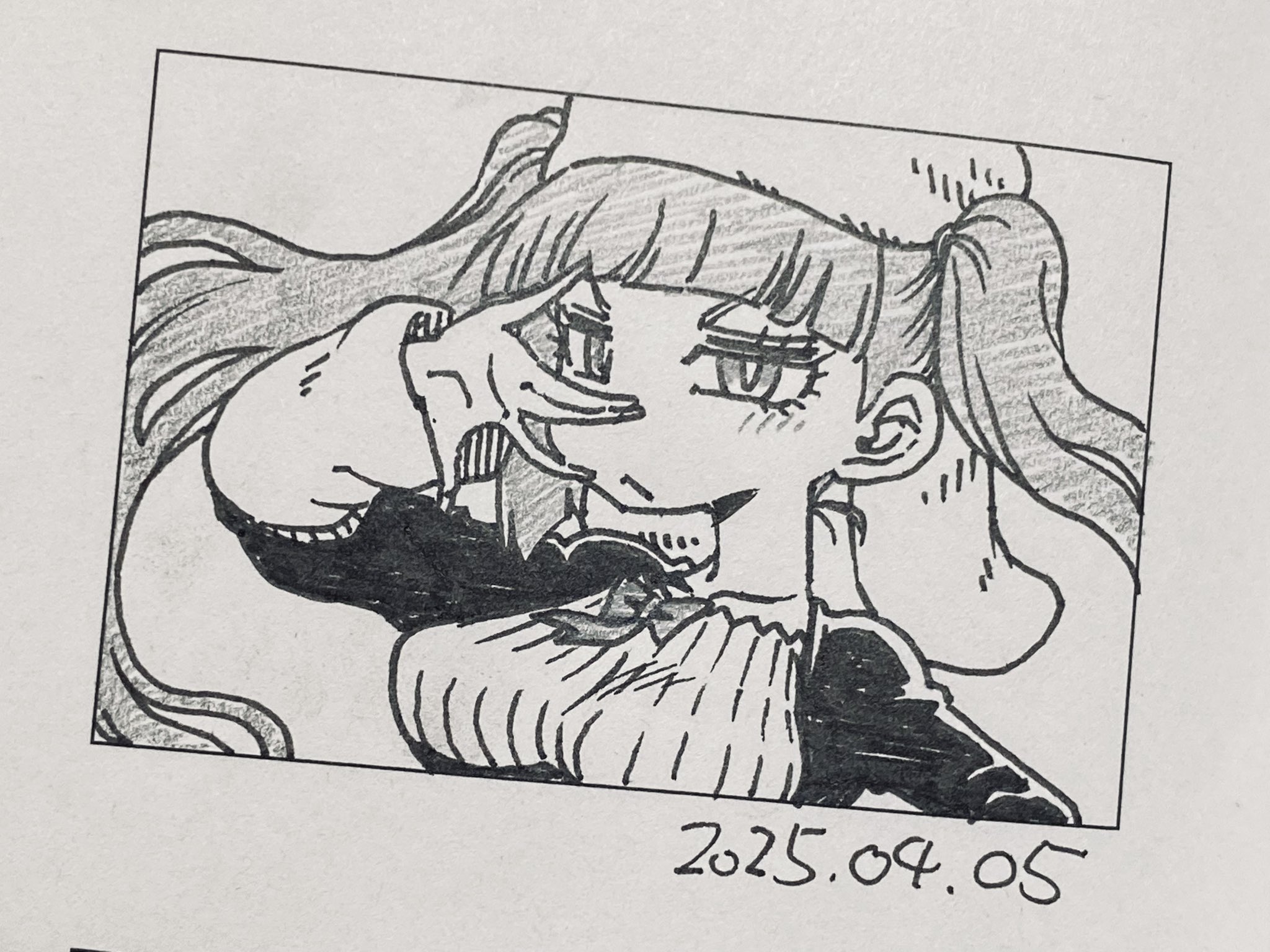1girl 2025 :&lt; alternate_breast_size black_dress bleach blush breasts chibi dated dokugamine_riruka dress fingernails hanya_(hanya_yashiki) hat highres large_breasts long_hair looking_at_viewer monochrome nail_polish photo_(medium) simple_background solo traditional_media tsundere twintails very_long_hair white_background
