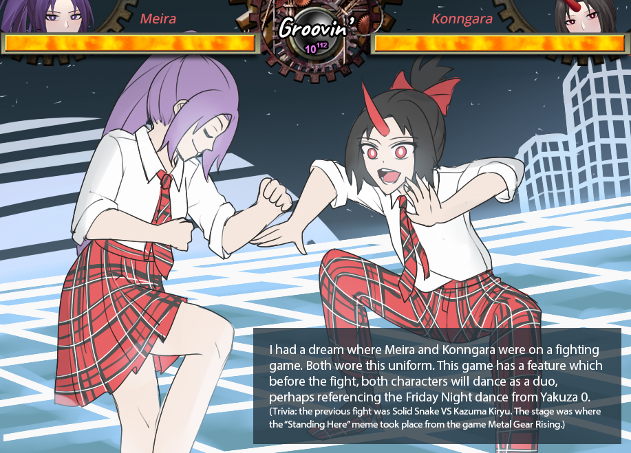 2girls arms_up aroevela black_hair bright_pupils character_name clenched_hands closed_eyes closed_mouth collared_shirt dance_floor dancing english_text grid hair_ribbon horns knee_up konngara_(touhou) long_hair meira_(touhou) multiple_girls necktie oni open_hands open_mouth pants plaid_clothes plaid_footwear plaid_necktie plaid_pants plaid_skirt ponytail purple_hair red_eyes red_footwear red_horns red_ribbon ribbon ryuu_ga_gotoku_(series) ryuu_ga_gotoku_0 shirt single_horn skirt skyline smile squatting star_(sky) sunset synthwave teeth tongue touhou touhou_(pc-98) user_interface white_pupils white_shirt wireframe