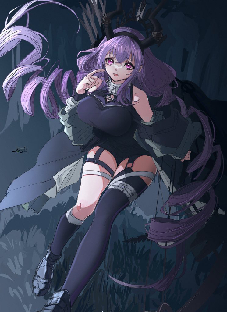 1girl arknights asymmetrical_legwear bare_shoulders black_hairband black_horns black_shoes breasts commentary_request drill_hair full_body hair_between_eyes hairband hand_up harukan_tiusu horns jacket kneehighs long_hair looking_at_viewer off_shoulder open_mouth purple_hair shoes single_kneehigh single_sock single_thighhigh socks solo thighhighs twin_drills typhon_(arknights) uneven_legwear very_long_hair