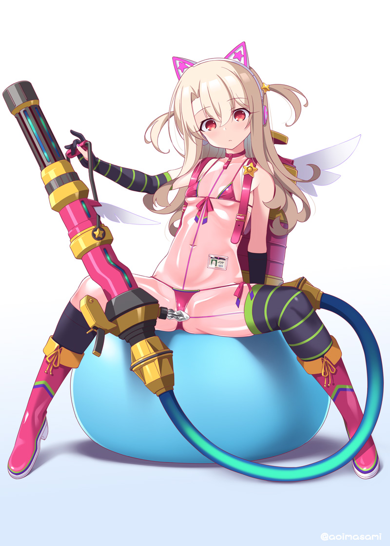 1girl animal_ear_headphones animal_ears aoi_masami asymmetrical_gloves asymmetrical_legwear ball bare_shoulders bikini black_gloves black_thighhighs blush boots breasts cat_ear_headphones collarbone commentary_request exercise_ball fake_animal_ears fate/grand_order fate_(series) gloves headphones illyasviel_von_einzbern illyasviel_von_einzbern_(swimsuit_archer) illyasviel_von_einzbern_(swimsuit_archer)_(third_ascension) knee_boots legs long_hair looking_at_viewer magical_ruby magical_ruby_(hose) magical_ruby_(hose)_(third_ascension) micro_bikini navel partially_fingerless_gloves pink_bikini pink_boots red_eyes sidelocks small_breasts solo swimsuit thighhighs twintails uneven_gloves uneven_legwear water_gun white_hair