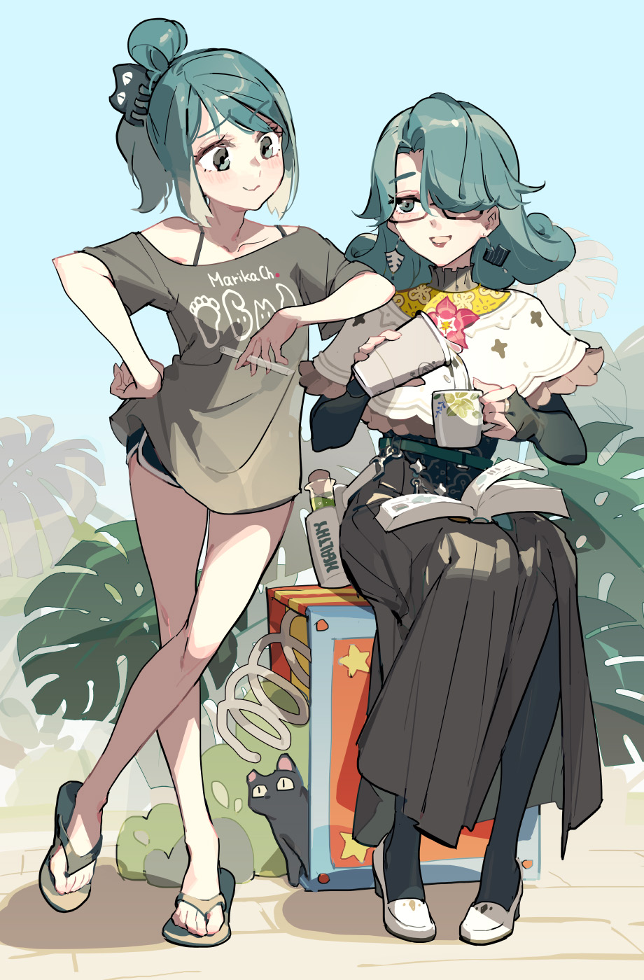 2girls blue_eyes book claw_hair_clip crossed_legs cup disposable_cup drinking_straw earrings glasses green_hair hair_over_one_eye hairclip highres holding holding_cup indie_virtual_youtuber jewelry leaning_on_person long_hair looking_at_another marika_(vtuber) multicolored_hair multiple_girls open_book sandals shirt short_hair shorts smile t-shirt tennohi two-tone_hair virtual_youtuber