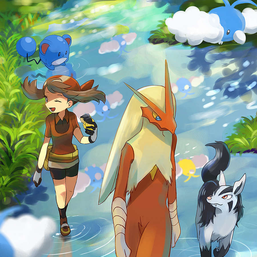 1girl ;d alternate_color animal_ears bandana bike_shorts bike_shorts_under_skirt black_socks blaziken blue_eyes brown_hair colored_sclera commentary_request creatures_(company) game_freak gen_2_pokemon gen_3_pokemon gloves grass hand_up holding marill may_(pokemon) medium_hair mightyena nintendo one_eye_closed open_mouth outdoors pokemon pokemon_(creature) pokemon_rse popcorn_91 red_bandana red_footwear red_shirt shiny_pokemon shirt shoes short_sleeves skirt smile socks standing standing_on_liquid swablu tail walking water white_gloves white_skirt yellow_sclera