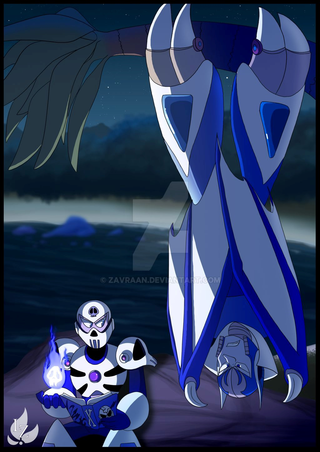 book capcom claws highres mega_man_(classic) mega_man_(series) mega_man_4 mega_man_7 night night_sky no_humans shade_man sitting skull skull_man sky tree upside-down vampire water wings