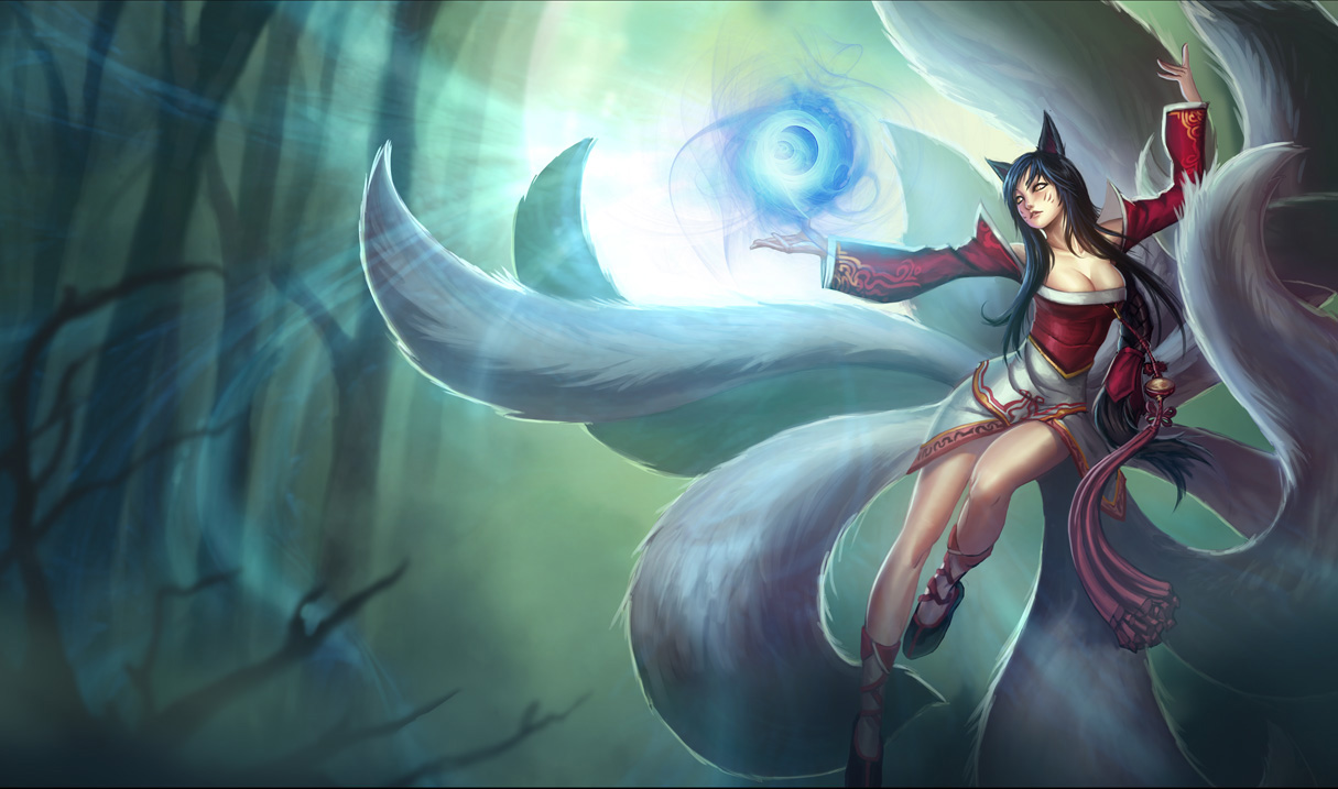 1girl ahri_(league_of_legends) animal_ears black_hair breasts cleavage female_focus fox_ears fox_tail kienan_lafferty korean_clothes large_breasts league_of_legends long_hair official_art solo tail yellow_eyes