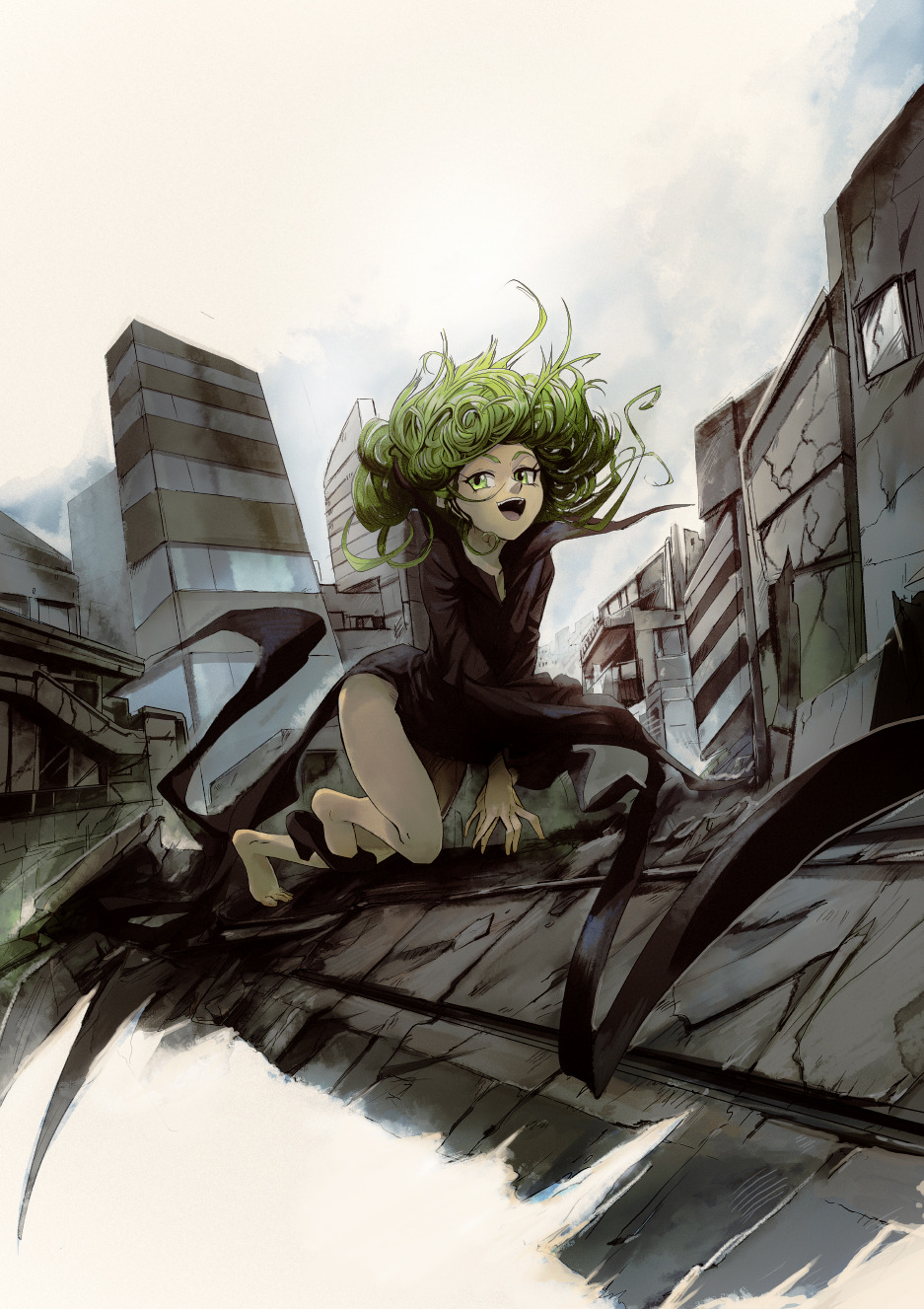 1girl black_dress black_shoes building commentary crack cracked_glass dress english_commentary green_eyes green_hair highres looking_at_viewer one-punch_man open_mouth outdoors phil_dragash rubble shoes short_hair single_bare_foot solo squatting tatsumaki