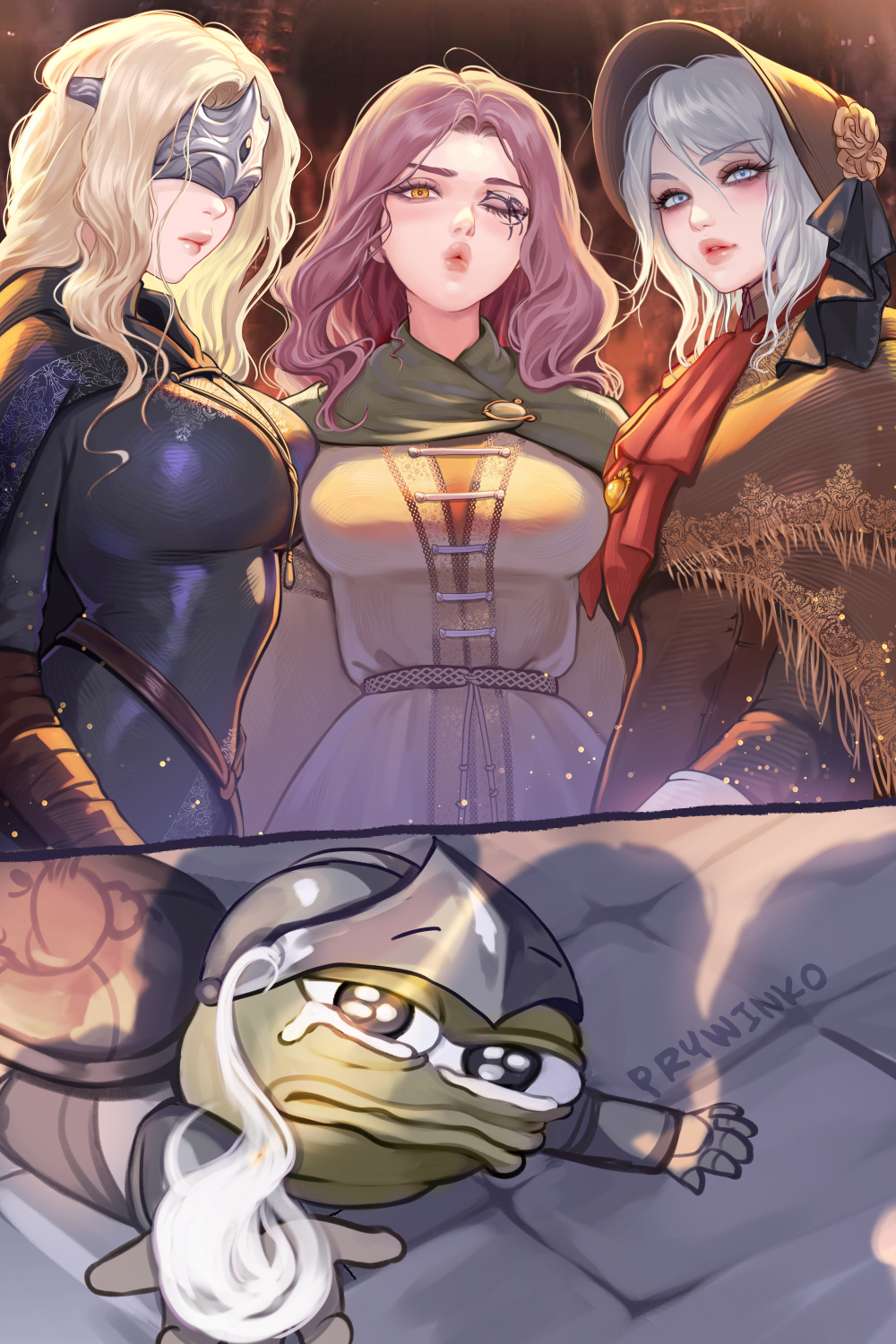 3girls artist_name bloodborne breasts brown_hair cloak dark_souls_(series) dark_souls_iii elden_ring facial_tattoo fire_keeper highres hood hooded_cloak large_breasts long_hair looking_at_viewer medium_hair melina_(elden_ring) meme multiple_girls one_eye_closed plain_doll prywinko short_hair tattoo yellow_eyes