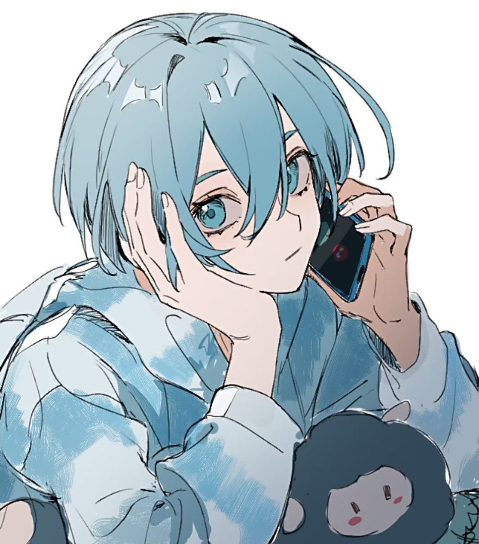 1boy blue_eyes blue_hair blue_lock blue_shirt cellphone closed_mouth hands_up head_rest holding holding_phone long_sleeves looking_at_viewer male_focus pajamas phone shirt shizuka000217 short_hair simple_background smartphone solo stuffed_toy upper_body white_background you_hiori