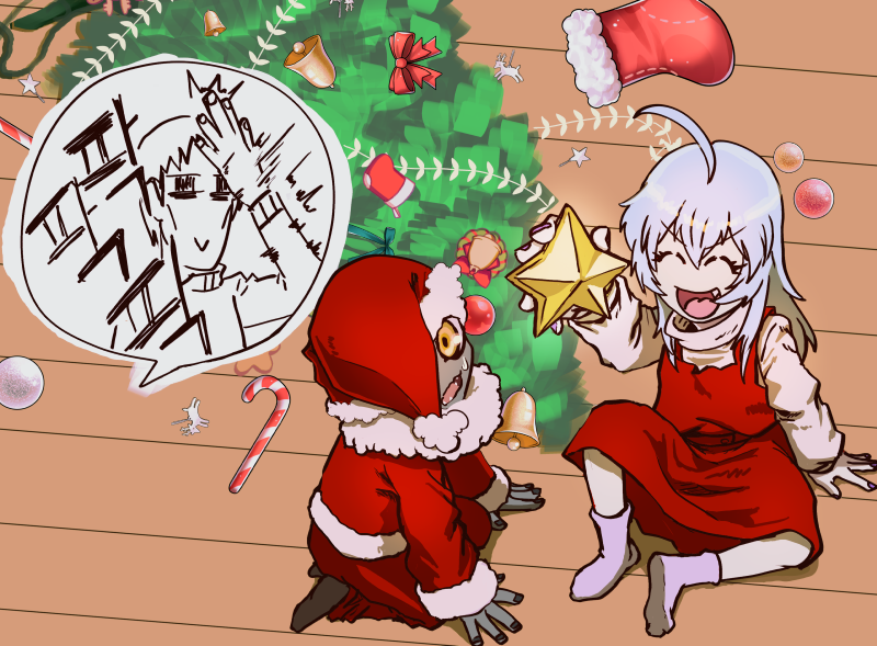archnemon christmas closed_eyes digimon digimon_(creature) hat long_hair mummymon oikawa_yukio