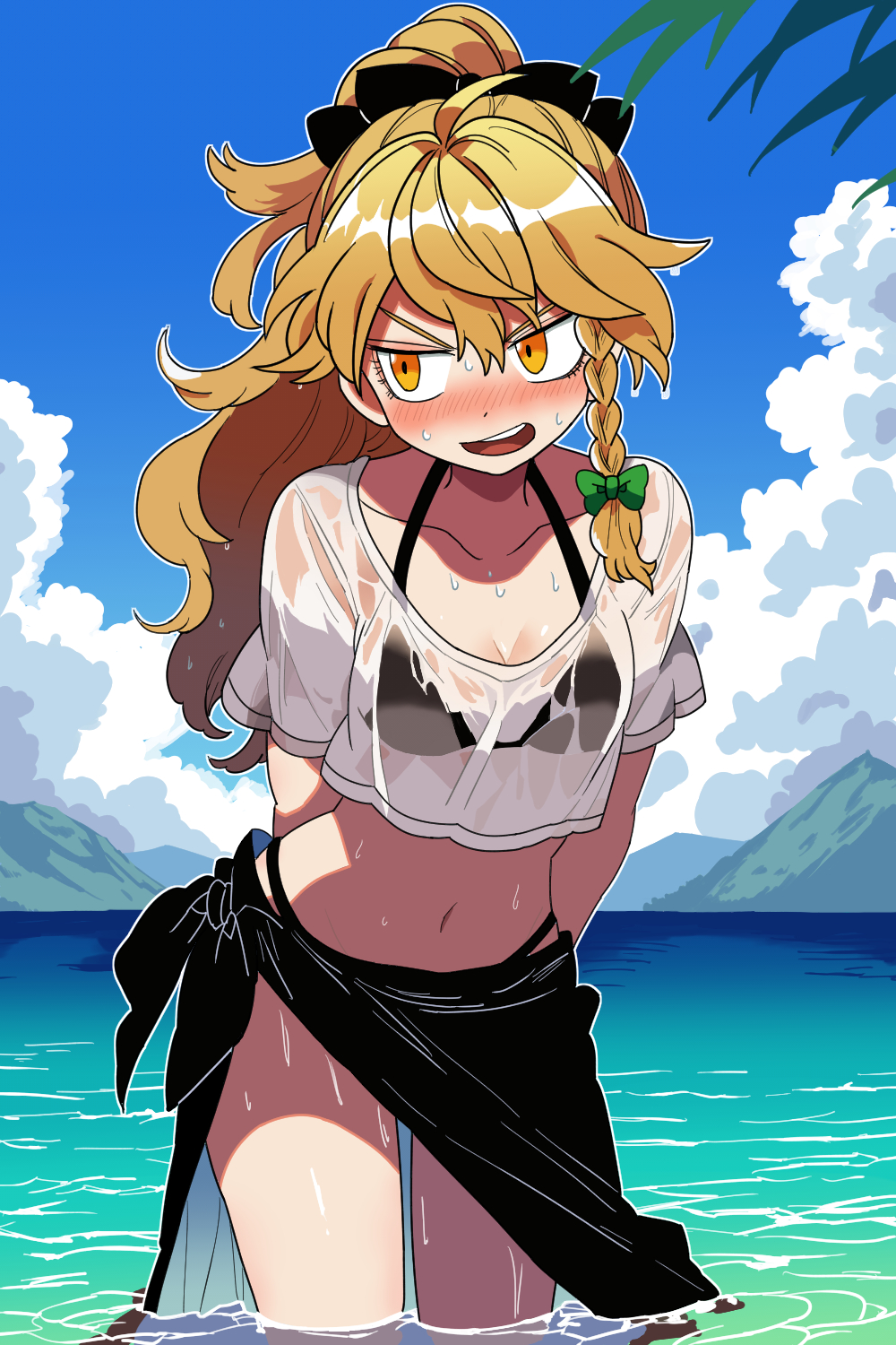 1girl ahoge alternate_costume alternate_hairstyle arms_behind_back bikini bikini_under_clothes black_bikini black_bow black_sarong blonde_hair blue_sky blush bollzzalguy bow braid breasts cleavage cloud collarbone cowboy_shot day green_bow hair_bow hashtag-only_commentary highres kirisame_marisa long_hair mountainous_horizon navel ocean open_mouth outdoors ponytail sarong shirt short_sleeves side_braid single_braid sky small_breasts solo standing stomach swimsuit t-shirt touhou v-shaped_eyebrows wading water wet wet_clothes wet_shirt white_shirt yellow_eyes